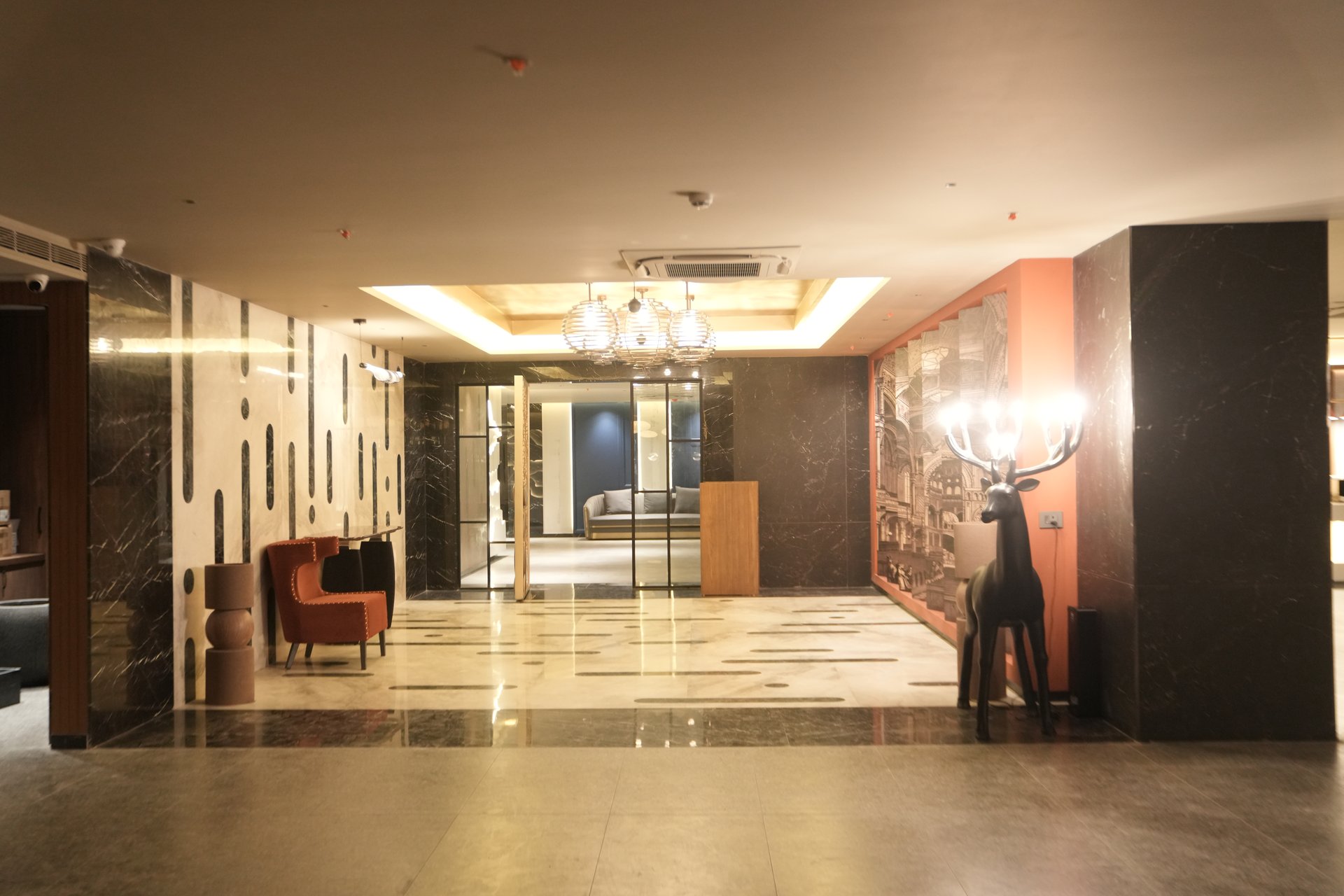 SVM Grand Hotel illuminated luxury reception foyer, Kompally